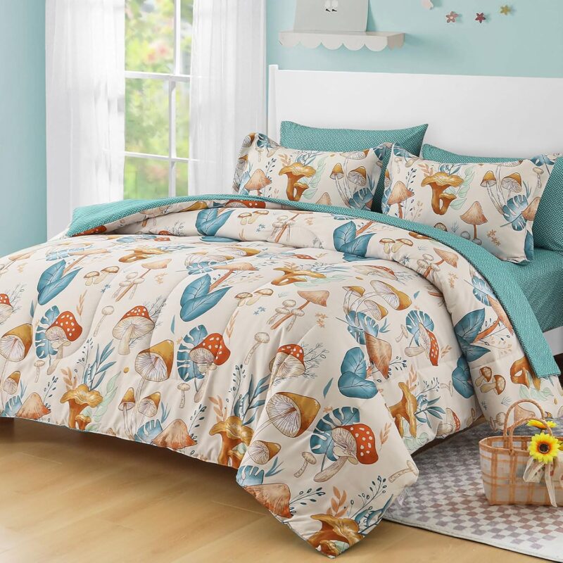Drucon Mushroom Comforter Set Queen Size 7 Pieces Bed in Bag Colorful Bedding Set with Plants, Reversible Cute Mushroom Comforter for Kids Adults Boys Girls