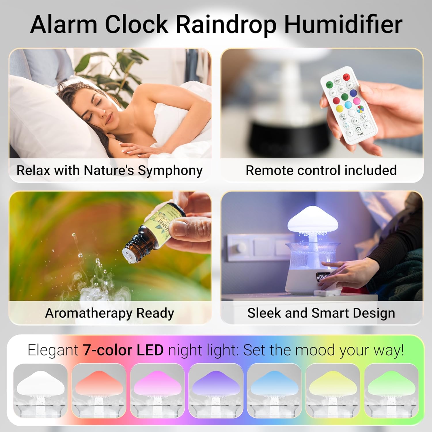 81WTC3J7PtL._AC_SL1500_.jpg Rain Mushroom Humidifier Water Drip - With Clock and Alarm - Cloud Diffuser with Rain Mushroom Humidifier Water Drip - White - Image 3