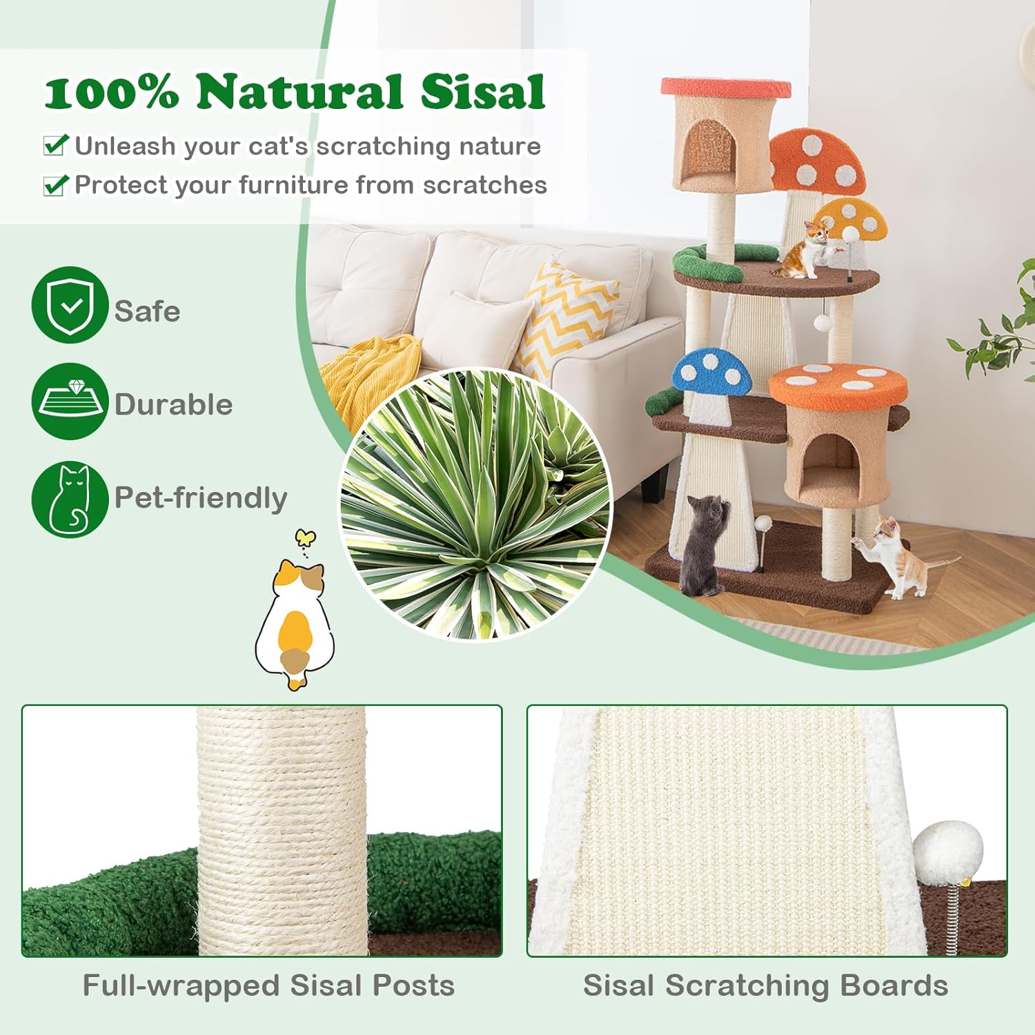 81XG4PE6GrL._AC_SL1500_.jpg PETSITE Mushroom Cat Tree, 57.5 Inches Tall Multi-Level Cat Tower with Natural Sisal Scratching Posts & Boards, Cat Condo and Teasing Spring Ball, Cute Cat Tree Tower for Indoor Cats Large Adult - Image 5