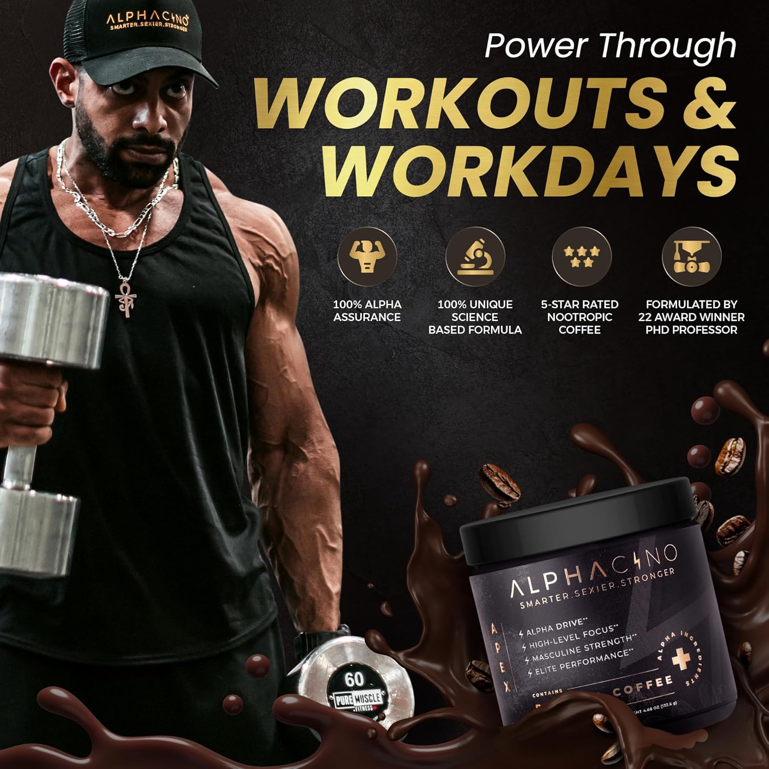 81XbqMMnIJL._AC_SL1500_.jpg Alphacino Apex Instant Mushroom Coffee - Black Maca Ashwagandha + Energy Drink Powder for Men, Ideal for Muscle Building Growth, Sharp Focus & Stamina, Mens Energy Powder Drink Mix, S7-30SV (4.68 oz) - Image 2