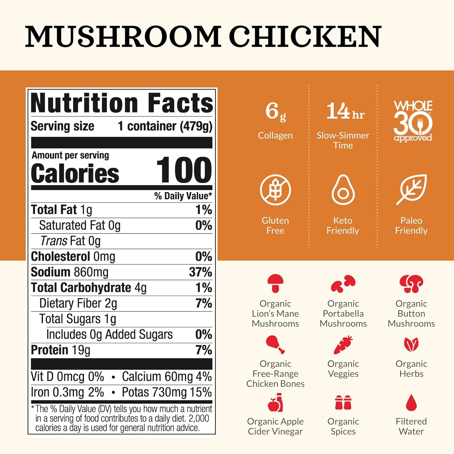 81XdNUzfpL._SL1500_.jpg Kettle and Fire Mushroom Chicken Bone Broth, Keto, Paleo and Whole 30 Approved, Gluten Free, High in Protein and Collagen, 12 Pack - Image 2