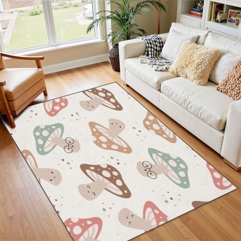 47"x 63" Area Rugs Boho Washable Low Pile Carpet Hand Drawn Seamless Pattern Cute Kawaii Mushrooms Cute Drawing Doodle Soft Non Slip Floor Mat for Living Room Bedroom Nursery Room Bathroom Home Decor