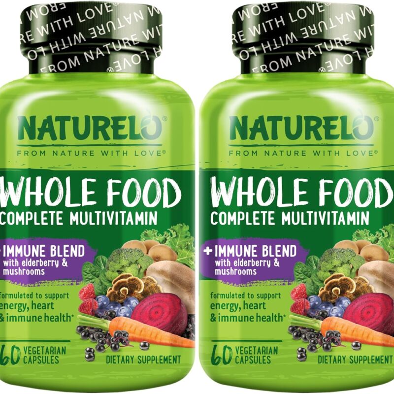 NATURELO Whole Food Multivitamin + Immune Blend with Elderberry & Mushrooms, Complete Multivitamin with Extra Immune Support - C, D3, Zinc, Elderberry, Reishi, Shitake, 60 Vegan Capsules (Pack of 2)