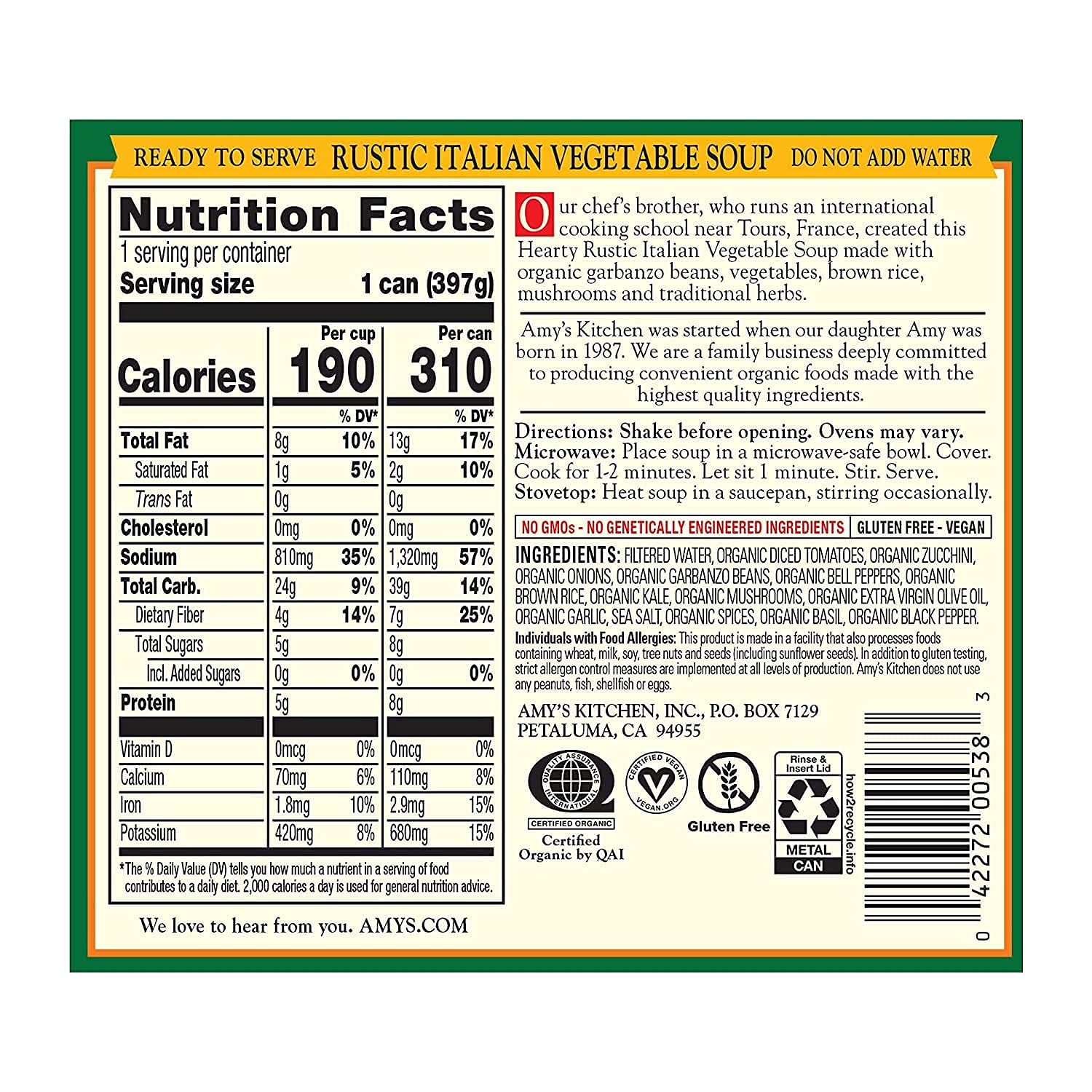 81Y9bRJgLhL._SL1500_.jpg Amy's Soup, Vegan, Gluten Free, Organic Rustic Italian Vegetable (Mushrooms, Brown Rice and Beans) 14 oz (Pack of 12) - Image 2