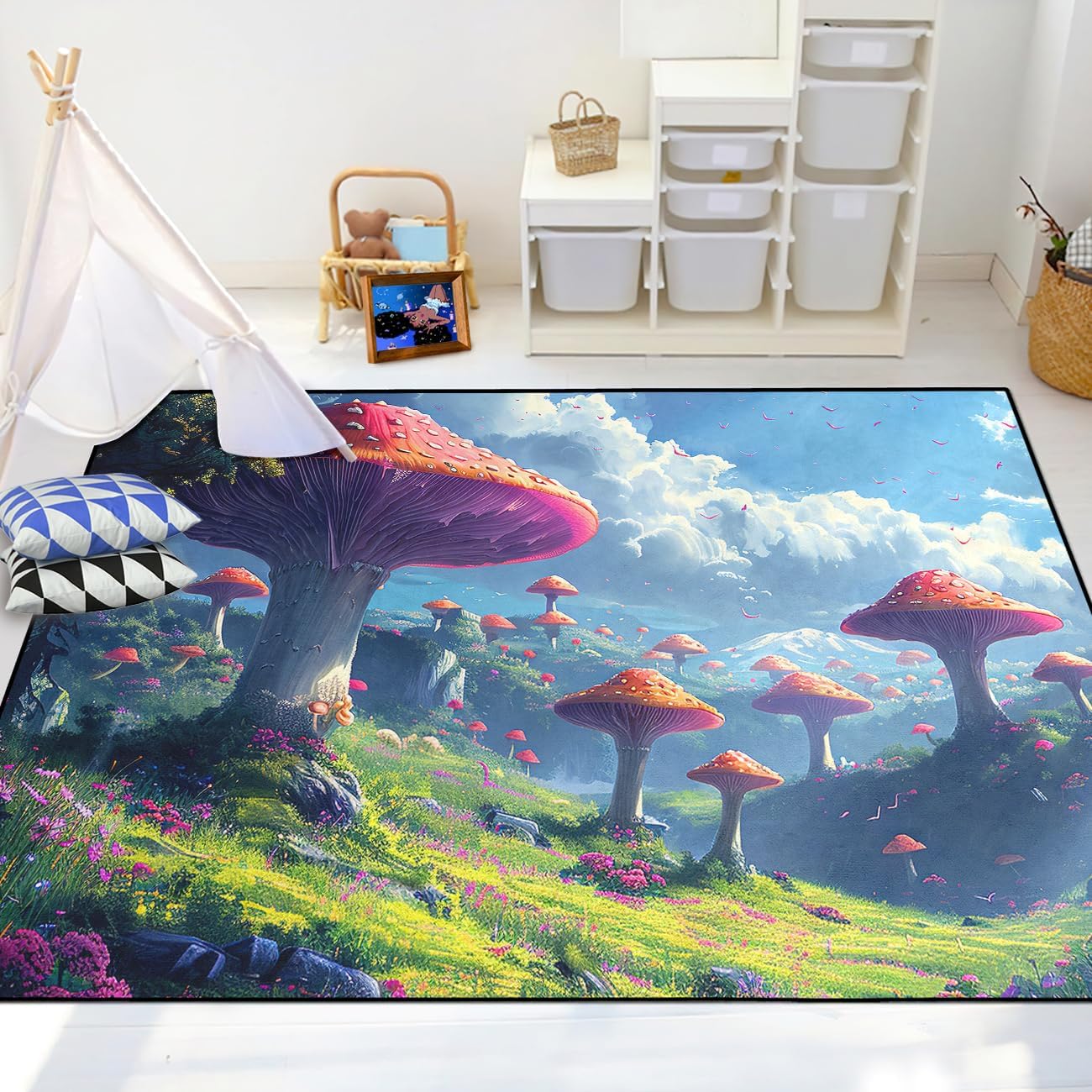 81ZKiQW9A4L._AC_SL1300_.jpg Mushroom Rug - Mushroom Rugs for Bedroom, Mushroom Area Rug for Girls Room Mushroom Rugs for Living Room Classroom Dining Room Home Decor Large Polyester Floor Mats Entryway Rug, 4.5x6 Feet - Image 6