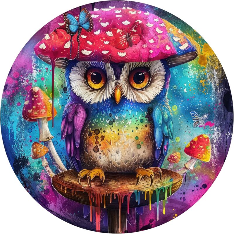 Wooden Puzzles for Adults 500 Pieces, Owl & Mushroom Wooden Puzzles, Unique Shaped Bird Jigsaw Puzzles, Birthday Creative Gifts Fun Challenging Family Puzzle Games, 16.5x16.5 Inch, Royal Size