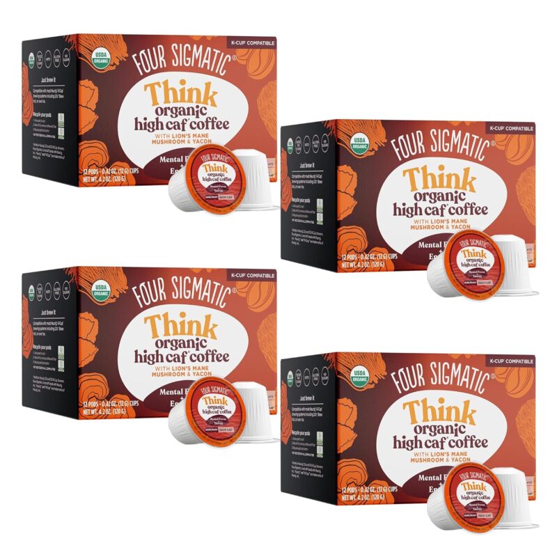Four Sigmatic High Caffeine Mushroom Coffee K-Cups | Organic Dark Roast Coffee with Lion’s Mane & Yacon | Focus & Immune Support | Vegan & Keto | Sustainable Pods | 48 Count