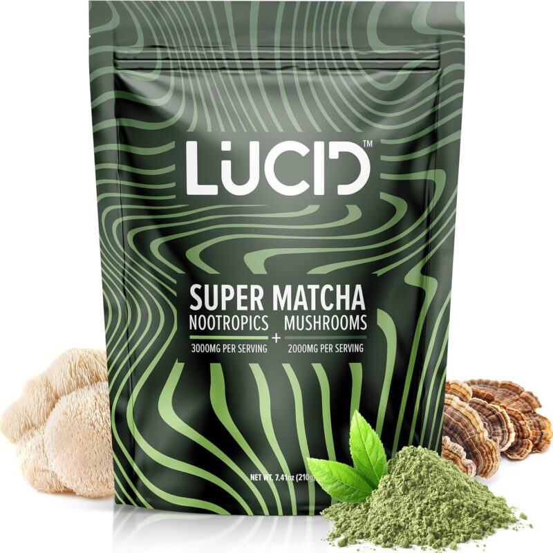 Lucid Superfood Organic Mushroom Matcha with Nootropics - Lion's Mane, Tremella, Cordyceps & Turkey Tail - Instant Mushroom Matcha Focus Brain Health - Alpha GPC, L-Theanine, Ginko Biloba - USA Made