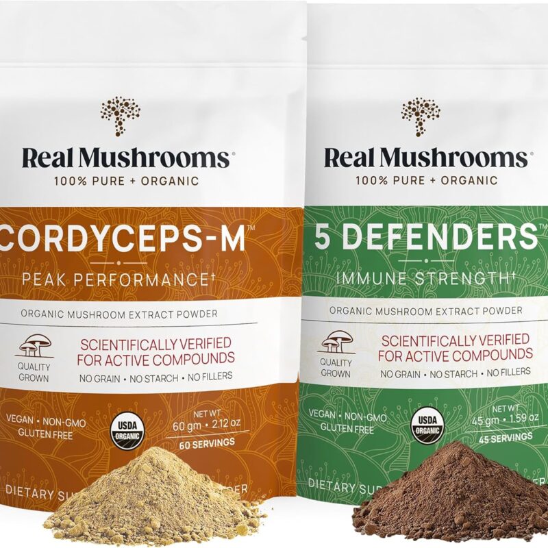 Real Mushrooms Cordyceps (60g) and 5 Defenders (45g) Mushroom Extract Powder Bundle - Mushroom Supplement for Energy, Endurance and Immune Strength - Vegan, Non-GMO