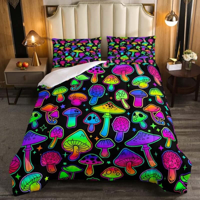 Cute Mushroom Comforter Set Queen,Colorful Hippie Stars Mushrooms Bedding Set Teal Purple Black Kawaii Bed Comforter Sets For Kids Boys Girls Teens Wild Botanical Plants Quilt Duvet 2 Pillowcases