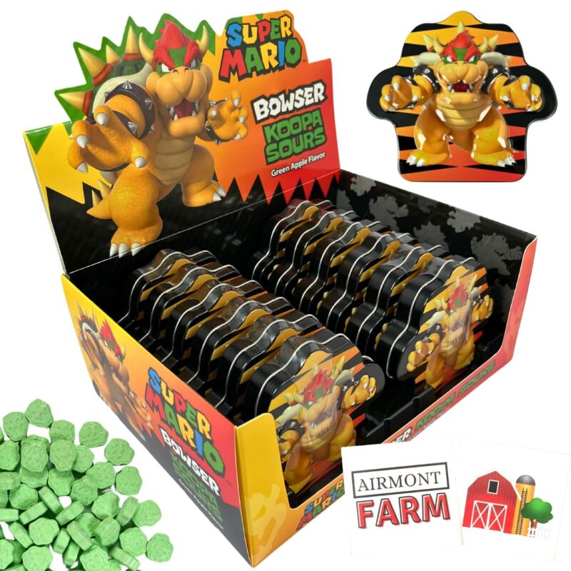 Bowser Koopa Sours Super Mario Tin Candy - Green Apple Flavor - 12 Pack with 2 Collectible Stickers