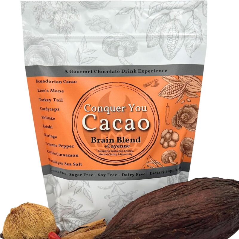 Brain Blend+Cayenne, Organic Mushroom Hot Chocolate Drink, Gourmet Energizing Blend of Lions Mane, Cordyceps, Shiitake, Reishi, Moringa, & Turkey Tail with Cacao, Cinnamon & Sea Salt