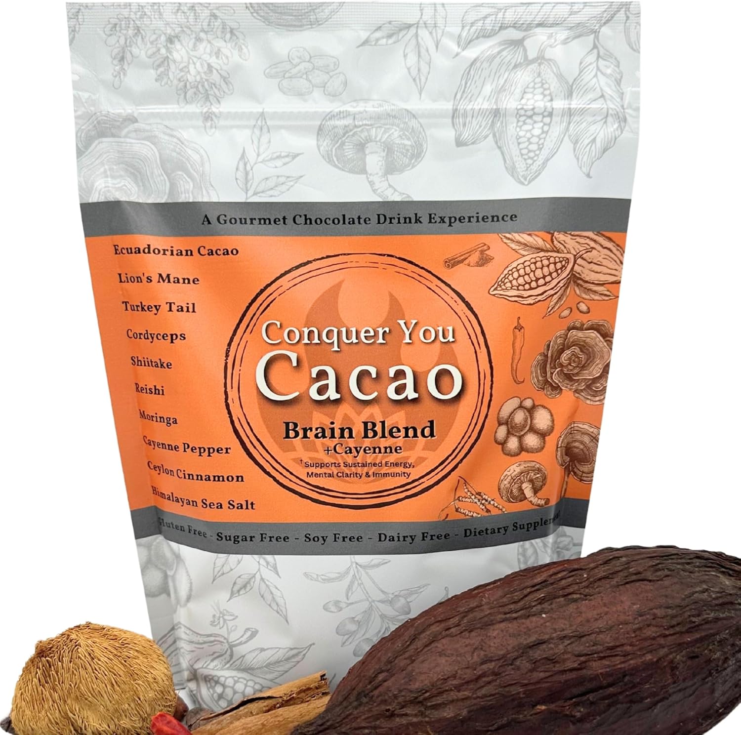 81cfZA3OSKL._AC_SL1500_.jpg Brain Blend+Cayenne, Organic Mushroom Hot Chocolate Drink, Gourmet Energizing Blend of Lions Mane, Cordyceps, Shiitake, Reishi, Moringa, & Turkey Tail with Cacao, Cinnamon & Sea Salt