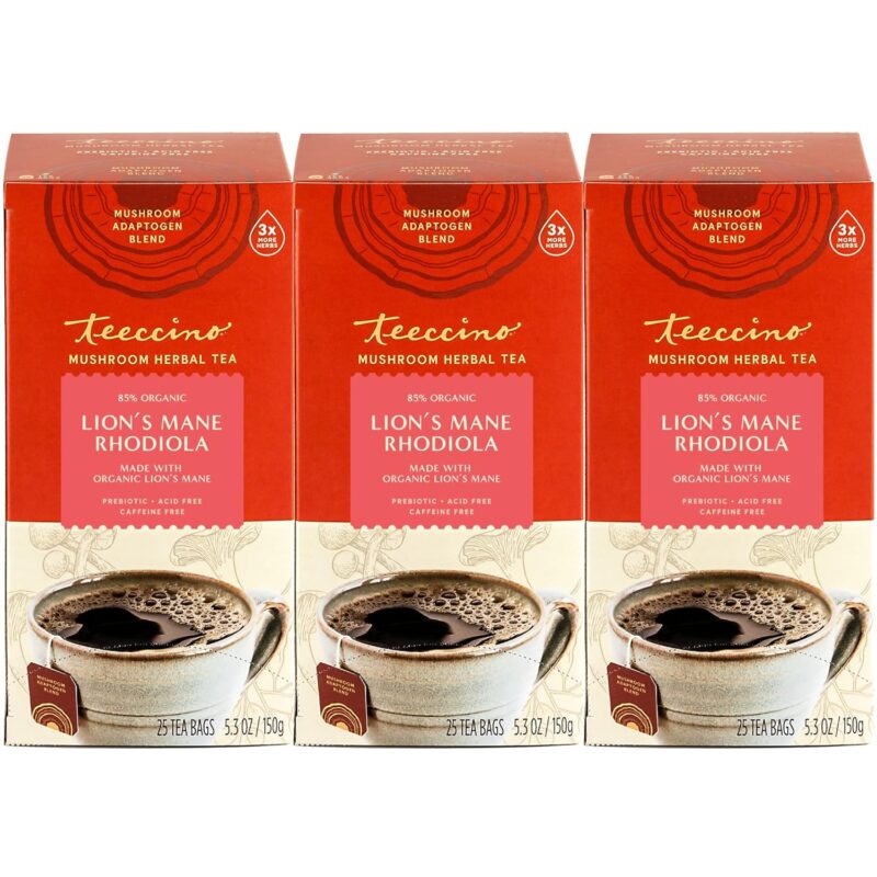 Teeccino Lion’s Mane Rhodiola Tea - Rose - Caffeine-Free Mushroom Adaptogenic Herbal Tea, 3x More Herbs than Regular Tea Bags, Lightly Sweet from Dates & Figs, Chicory Prebiotic - 25 Tea Bags (Pack of 3)