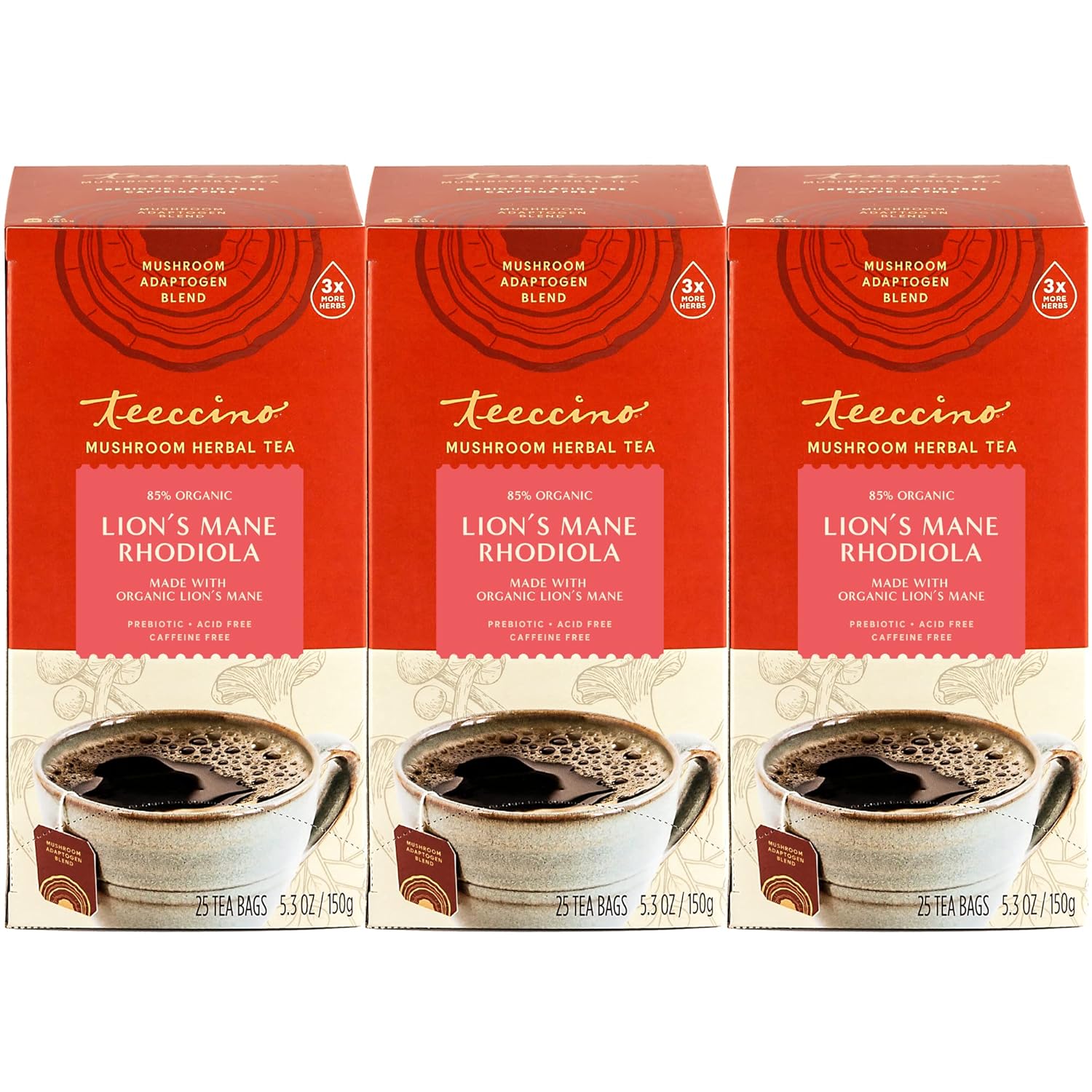 81d0AGeaWHL._SL1500_.jpg Teeccino Lion’s Mane Rhodiola Tea - Rose - Caffeine-Free Mushroom Adaptogenic Herbal Tea, 3x More Herbs than Regular Tea Bags, Lightly Sweet from Dates & Figs, Chicory Prebiotic - 25 Tea Bags (Pack of 3)