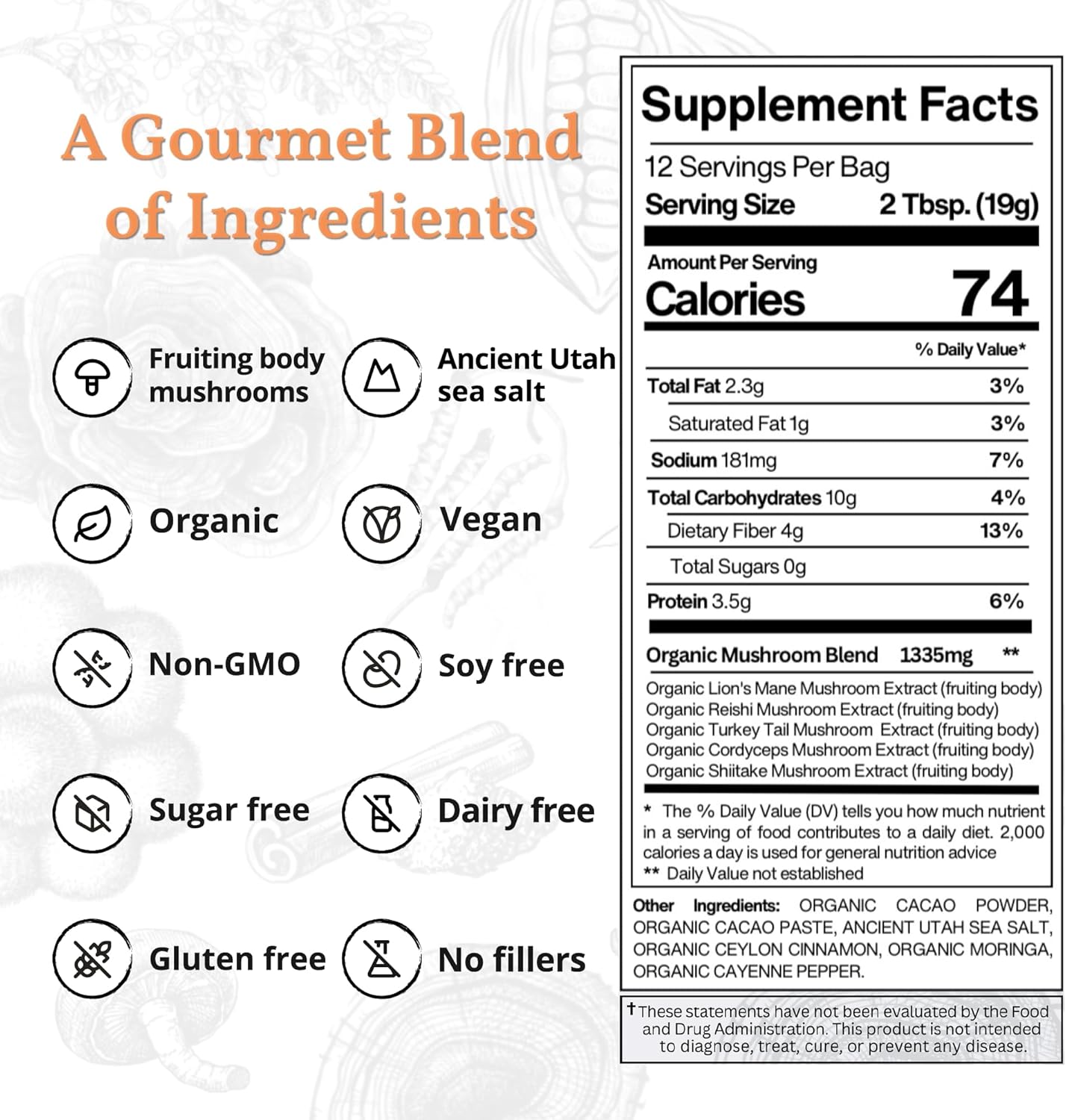 81eO6NzqUhL._AC_SL1500_.jpg Brain Blend+Cayenne, Organic Mushroom Hot Chocolate Drink, Gourmet Energizing Blend of Lions Mane, Cordyceps, Shiitake, Reishi, Moringa, & Turkey Tail with Cacao, Cinnamon & Sea Salt - Image 5