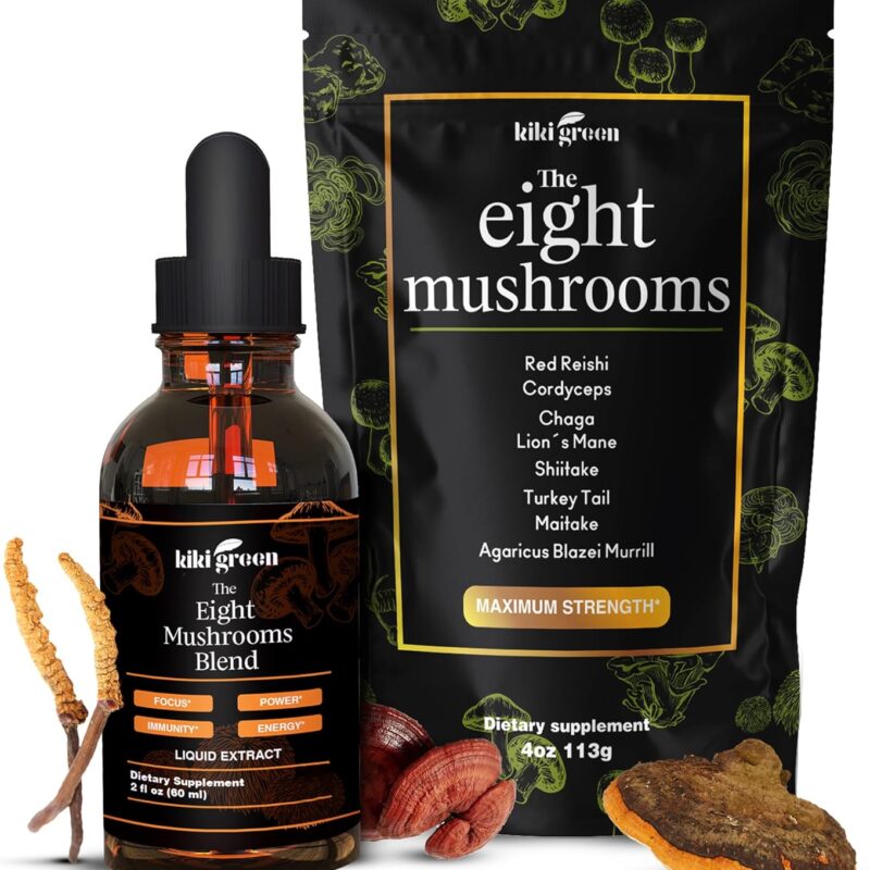 KIKI Green 8 Mushrooms Powder & Liquid Extract Bundle - Mushroom Supplement Complex for Focus & Energy - Lion's Mane, Chaga, Cordyceps, Turkey Tail, Reishi, Shiitake, Maitake - 4 oz, 2 fl oz
