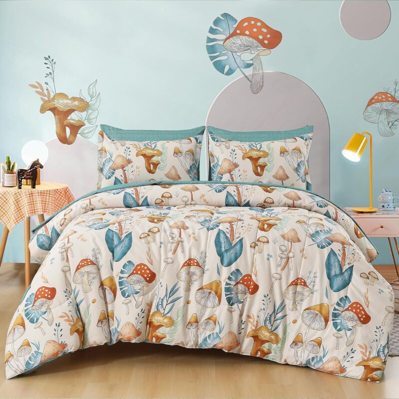 Drucon Mushroom Comforter Set Twin Size 6 Pieces Bed in Bag Colorful Bedding Set with Plants, Reversible Cute Mushroom Comforter for Kids Adults Boys Girls