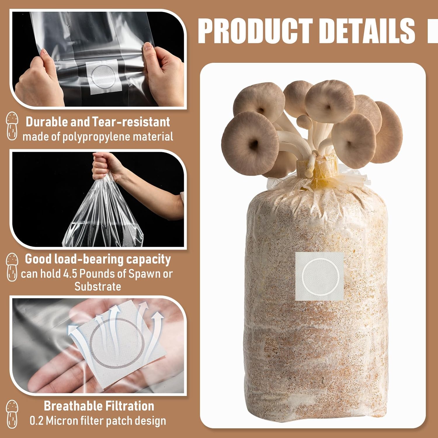81gQAqS39vL._AC_SL1500_.jpg 200pcs Mushroom Grow Bags Bulk 6 Mil Thick Spawn Bags with Self Healing Injection Port 5" x 8" x 20" Mushroom Planting Substrate Bag with 0.2 Filter for Mushroom Cultivation - Image 4