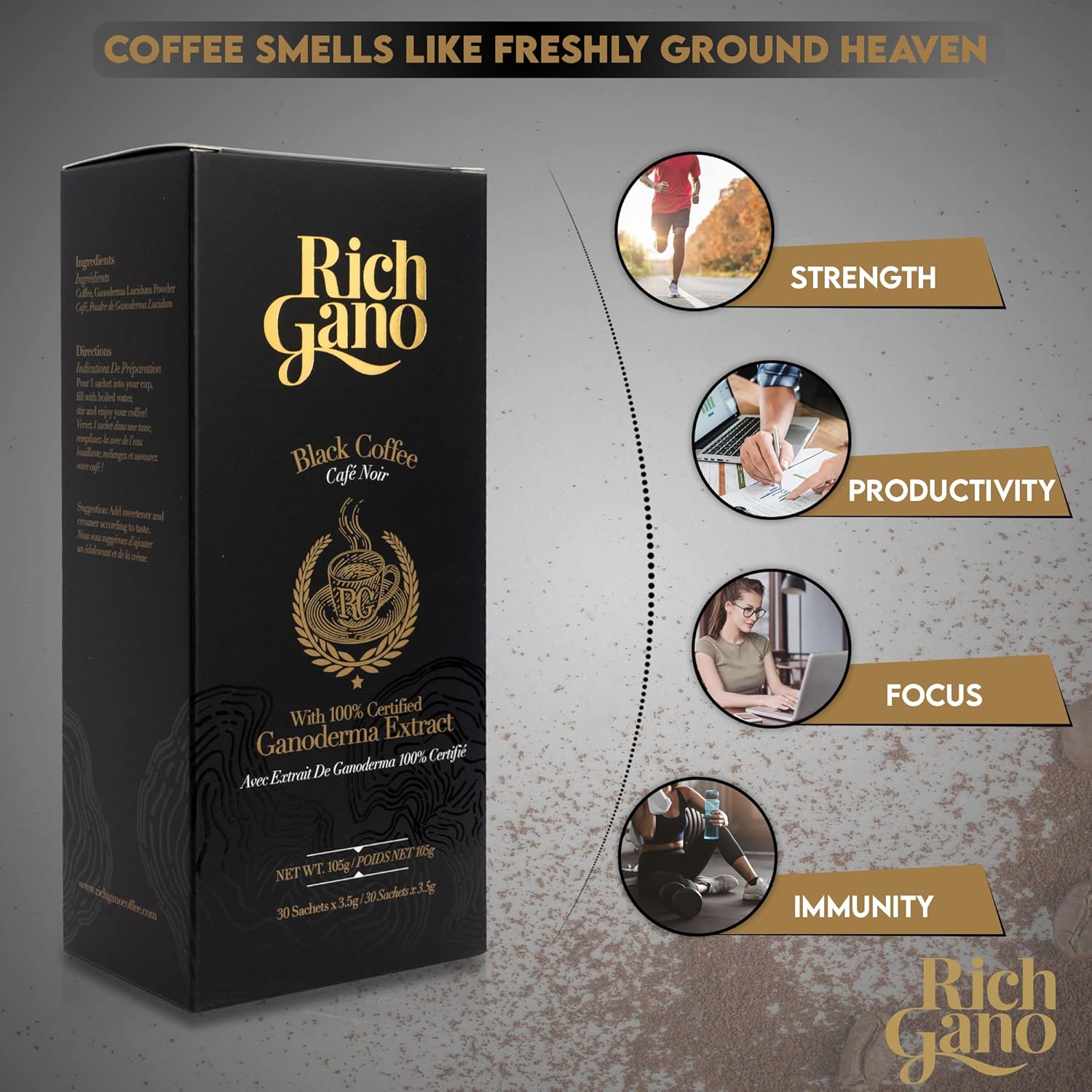 81gbuOZjLTL._AC_SL1500_.jpg Rich Gano Reishi Mushroom Coffee – (12 Boxes of 30 Sachets) Black Coffee with Ganoderma Extract – All Natural Vegan Friendly Instant Coffee Packets – Zero Jitters Immune Support Ganoderma Coffee - Image 3