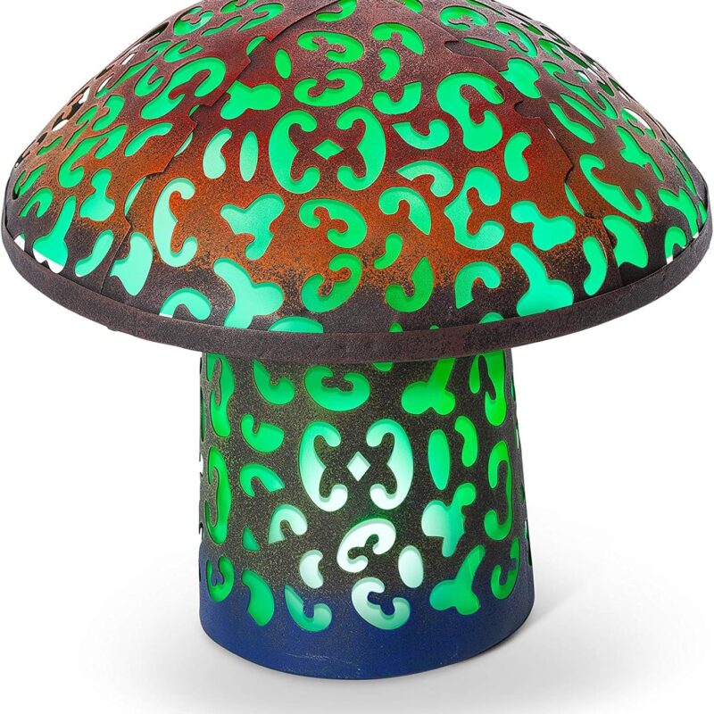 11.8 inch LED Solar Green Metal Mushroom with Scroll Pattern and Rustic Finish with Gradient Color Accents. Rechargeable AA Battery (1).