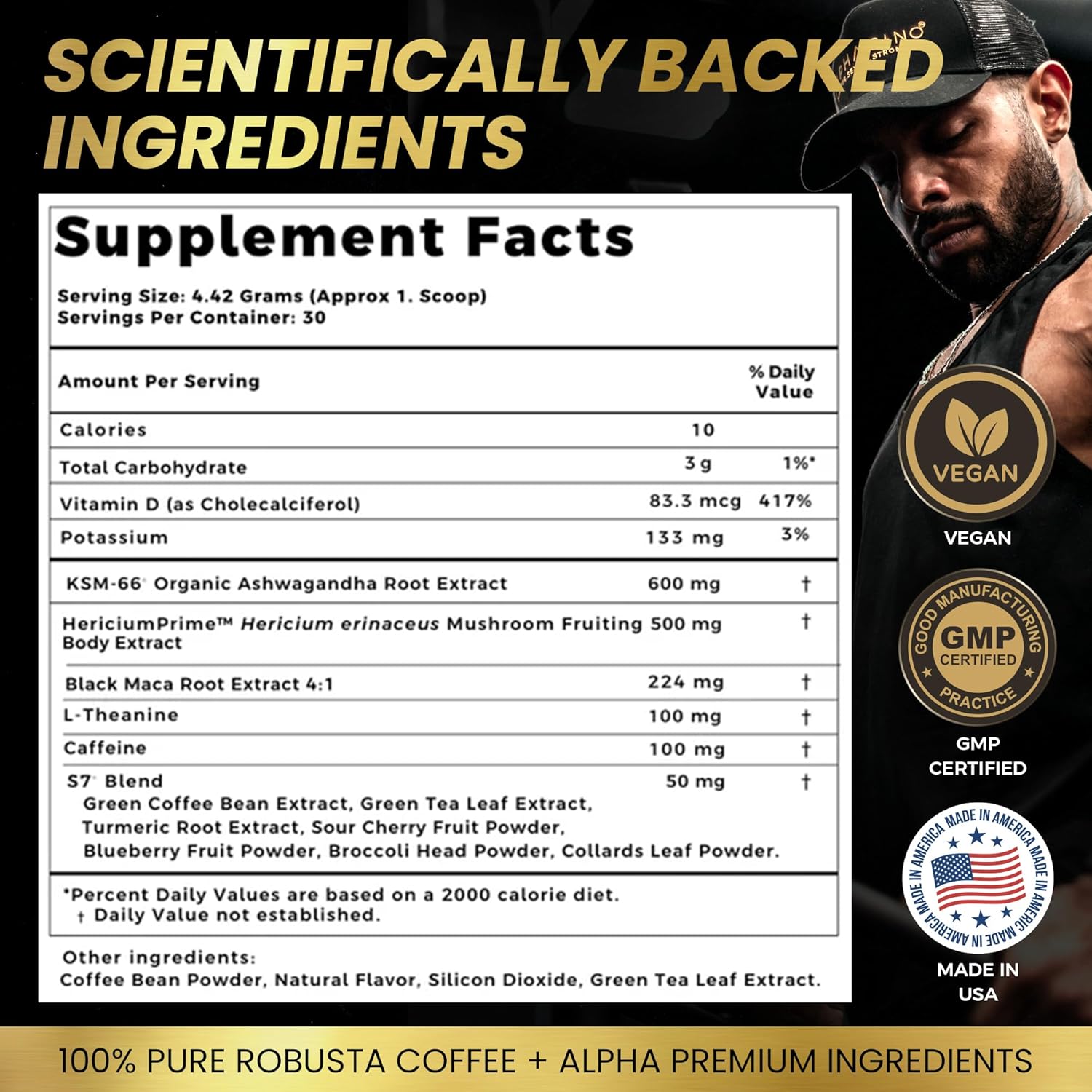 81hRmcPbnL._AC_SL1500_.jpg Alphacino Apex Instant Mushroom Coffee - Black Maca Ashwagandha + Energy Drink Powder for Men, Ideal for Muscle Building Growth, Sharp Focus & Stamina, Mens Energy Powder Drink Mix, S7-30SV (4.68 oz) - Image 5