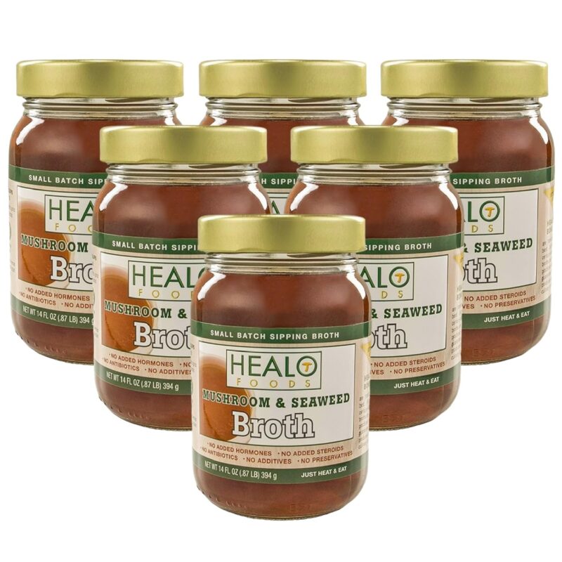 Healo Foods Mushroom & Seaweed Broth – Infused with High Protein, Zero Fat, Gluten Free, Non GMO - Mushroom All Natural Seaweed Broth – for Cooking & Sipping Low Sodium Soup 14 fl. oz. (Pack of 6)