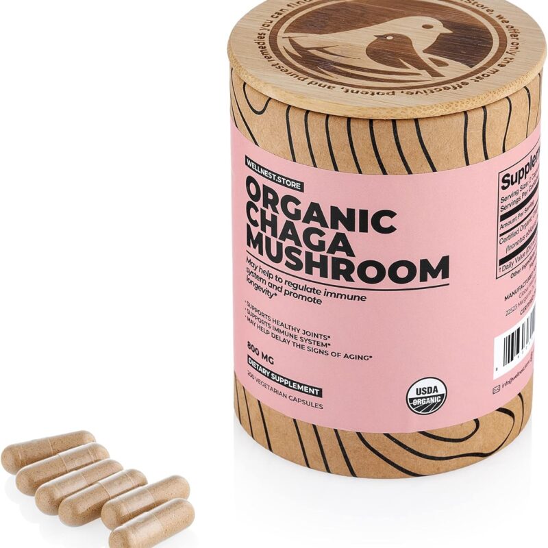 Chaga Mushroom Organic Supplement (Inonotus Extract) 200 Veggie Caps - Fights Inflammation and Supports Joint Health. Immune Support Supplement; Improves Cognitive Function + Strong Antioxidant