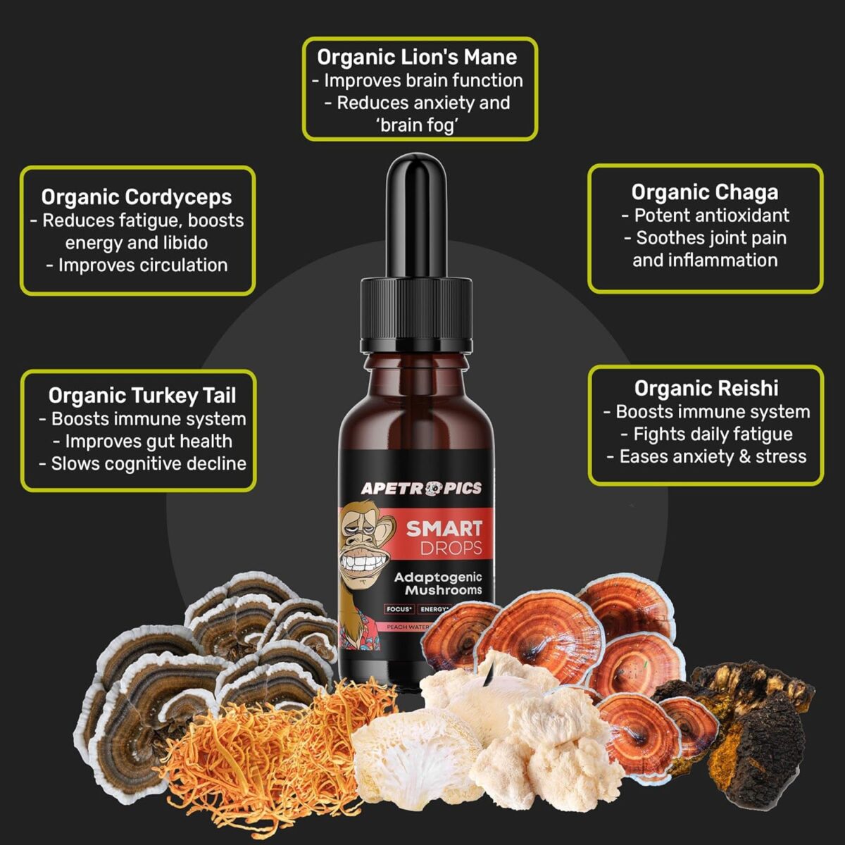 Apetropics Smart Drops - 5-in-One Adaptogenic Mushroom Tincture with ...