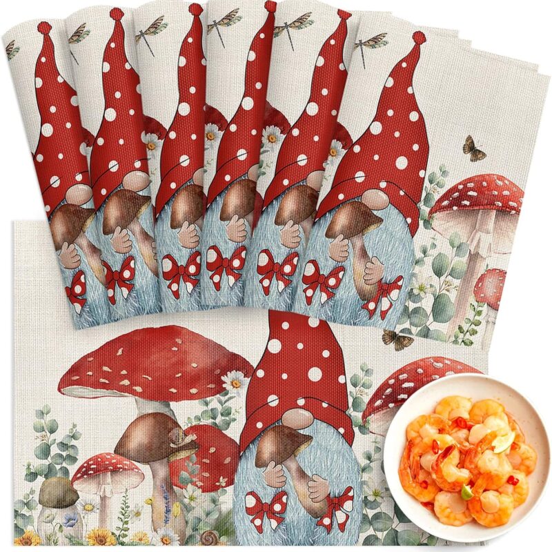Mushroom Placemats Set of 6, Washable PVC Kitchen Table Mats, Gnomes Eucalyptus Leaves Flower Spring Burlap Woven Vinyl Placemat for Dining Table