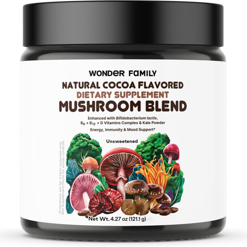 Mushroom Powder Blend - Mushroom Cocoa for Sleep, Energy, Immunity with Shiitake, Cordyceps, Reishi, Chaga Mushrooms Powder - Mushroom Coffee Adaptogen Drink - Mushroom Supplement Powder Unsweet, 40