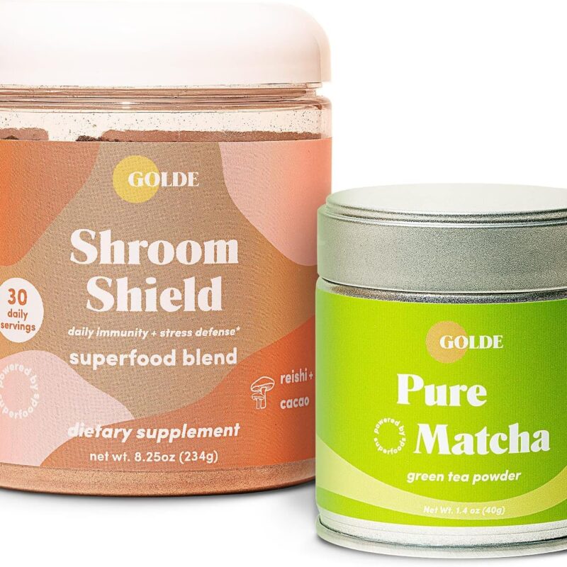 GOLDE Pure Matcha - 100% Pure Japanese Ceremonial Grade Matcha Green Tea Powder Shroom Shield - Superfood with Turkey Tail Mushroom, Reishi Mushroom Extract, Cacao and Coconut Milk Powder