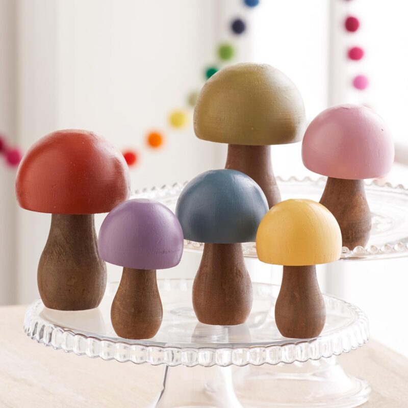 Rainbow Colored Wood Mushrooms set of 6, rainbow mushroom decor, gifts for women, unique shelf decor, tiered tray, primary colors, tablescape (Rainbow 6)
