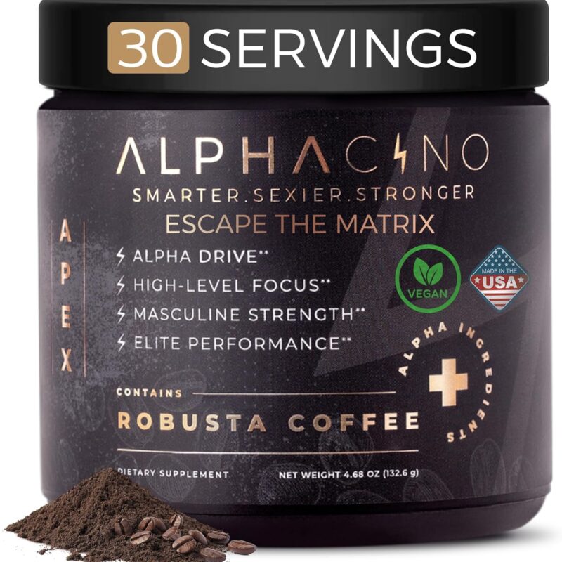 Alphacino Apex Instant Mushroom Coffee - Black Maca Ashwagandha + Energy Drink Powder for Men, Ideal for Muscle Building Growth, Sharp Focus & Stamina, Mens Energy Powder Drink Mix, S7-30SV (4.68 oz)