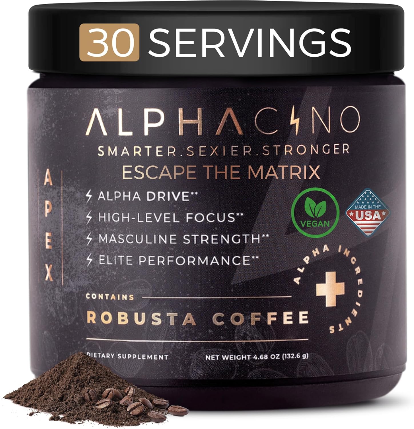 81nM9YKu2L._AC_SL1500_.jpg Alphacino Apex Instant Mushroom Coffee - Black Maca Ashwagandha + Energy Drink Powder for Men, Ideal for Muscle Building Growth, Sharp Focus & Stamina, Mens Energy Powder Drink Mix, S7-30SV (4.68 oz)