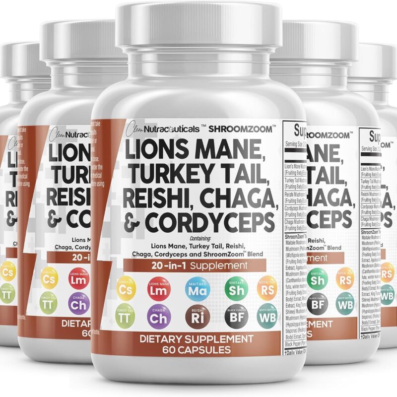 Clean Nutraceuticals Lions Mane 20in1 Mushroom Supplement with Turkey Tail Reishi Cordyceps Chaga Maitake Meshima Poria Cocos Shiitake Oyster Porcini Enoki (5)