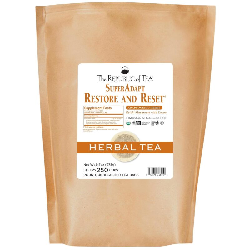 The Republic of Tea - Restore and Reset SuperAdapt Herbal Tea, 250 Tea Bags, Organic, Caffeine Free, Reishi Mushroom and Cocoa Herbal Tea