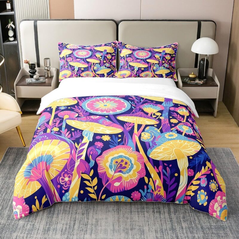 Erosebridal Lovely Mushroom 100% Cotton Duvet Cover Twin, Mysterious Mushroom Spot Comforter Cover, Cartoon Magic Natural Wild Plants Theme Bedding Set,Dream Farmhouse Botanical Bed Set, Pink Blue