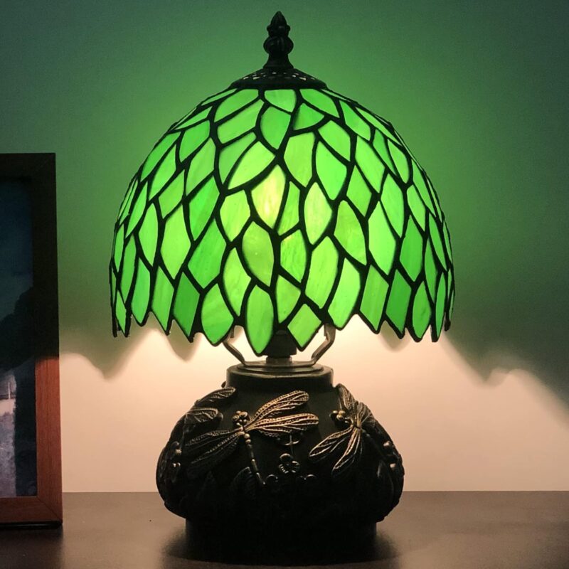 Small Tiffany Lamp Mini Stained Glass Table Lamp Green Wisteria Leaf Style Mushroom Desk Light Memory Sympathy Lamp 8X11 Inch