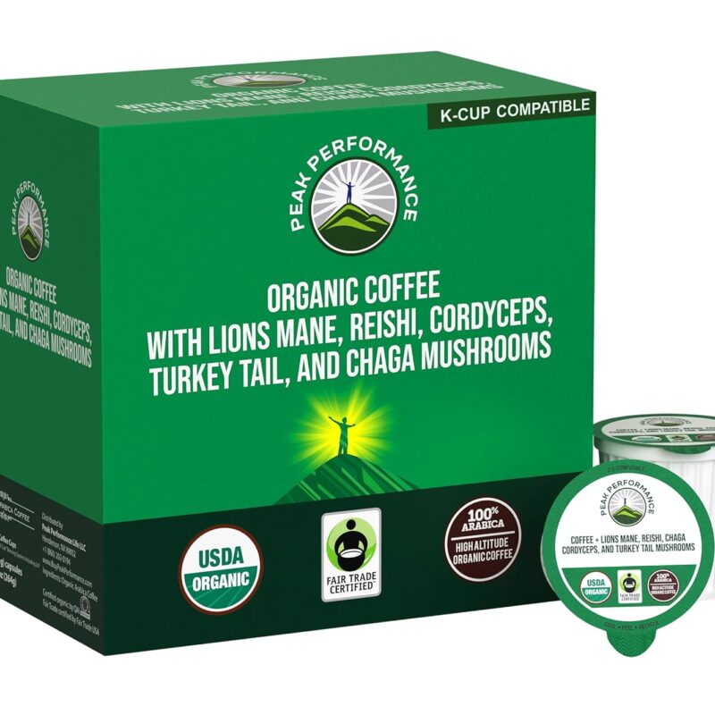 Organic Mushroom Coffee Pods with Lion's Mane, Reishi, Cordyceps, Turkey Tail, and Chaga Mushrooms. High Altitude, Low Acid, Smooth Tasting, Fair Trade, 72 Nootropic Coffee Pods (Medium Roast Ground)