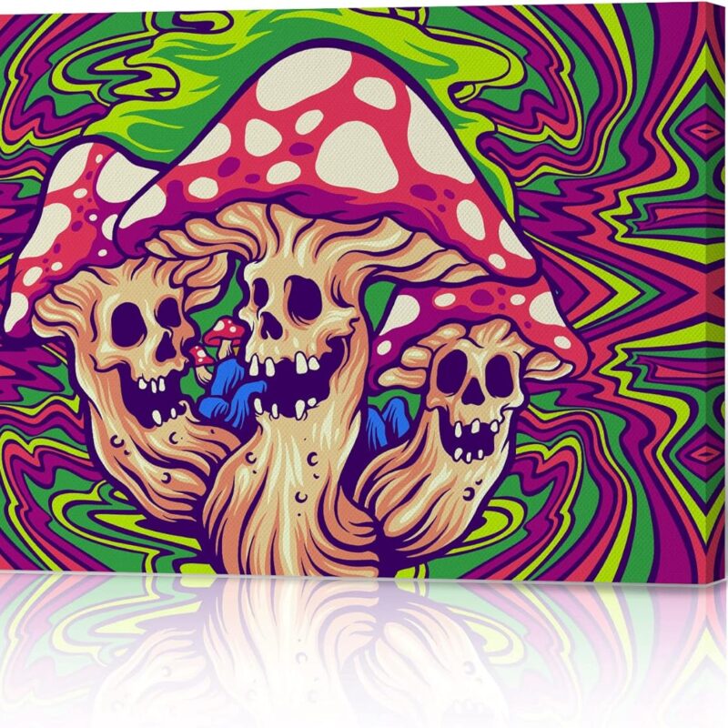 HB Art Design Magic Mushroom Colorful Psychedelic Trippy Art Smoke Weed Canvas Wall Art Print Living Room Bedroom Man Cave Garage Marijuana Cannabis Hippie Decor Stoner Gift Ready to Hang 11x17