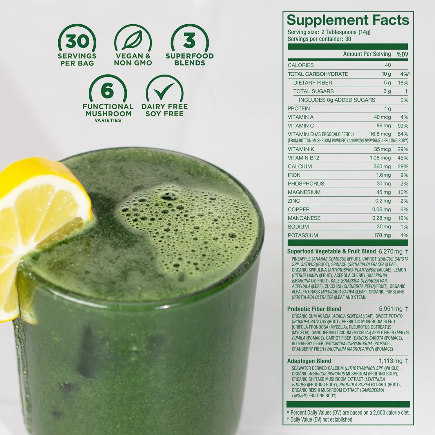 81qJvuf8pXL._AC_SL1500_.jpg Laird Superfood Prebiotic Daily Greens Powder – Essential Vitamins & Minerals - Prebiotic Fiber, Adaptogen and Fruits & Vegetables – Supports Gut Health – Non-GMO, Vegan - 14.8 oz Bag, Pack of 1 - Image 3