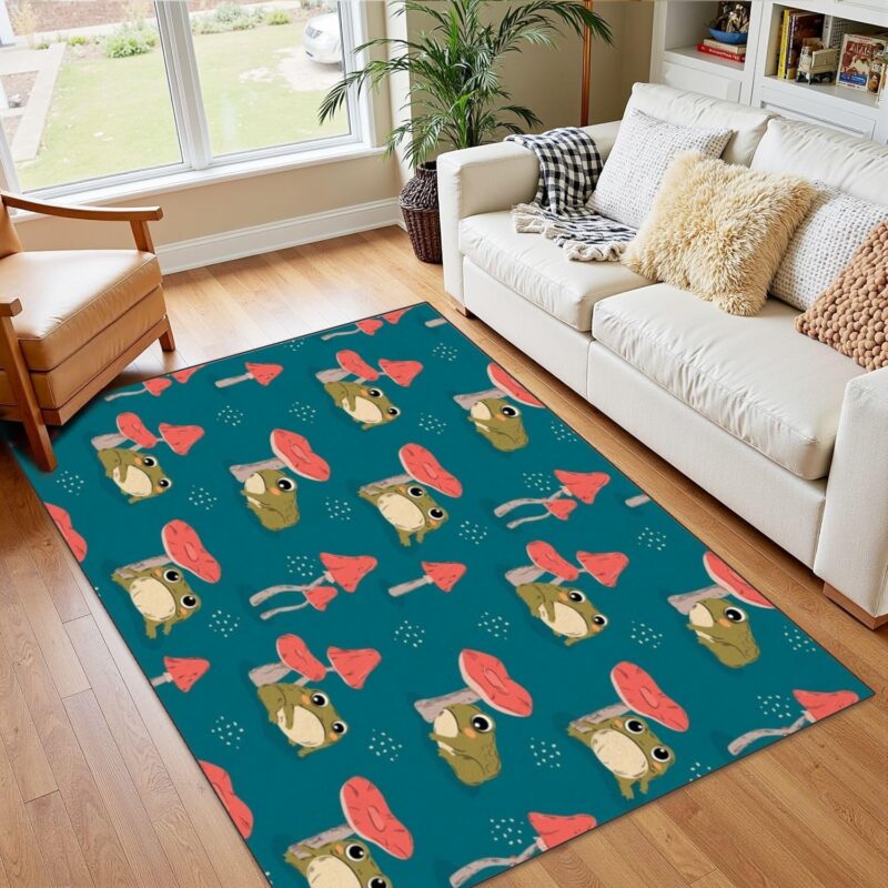 47"x 63" Area Rugs Boho Washable Low Pile Carpet Cute Funny Green Frog Mushrooms Seamless Pattern Hand Drawn Cartoon Soft Non Slip Floor Mat for Living Room Bedroom Nursery Room Bathroom Home Decor