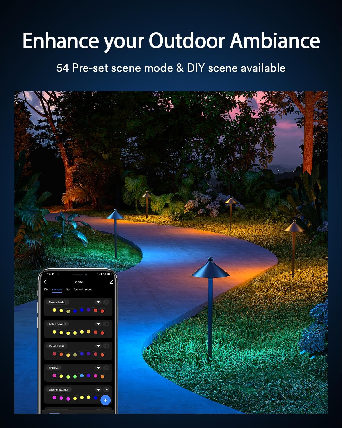 81qqeicSYdL._AC_SL1500_.jpg Lumary Smart Landscape Path Lights, 4 Pack Outdoor Landscape Lighting IP65 Waterproof, 46FT RGBAI Color Changing Landscape Lights for Yard, Pathway, Driveway, App/Voice/Remote Control, Black, L-PL4C1 - Image 6