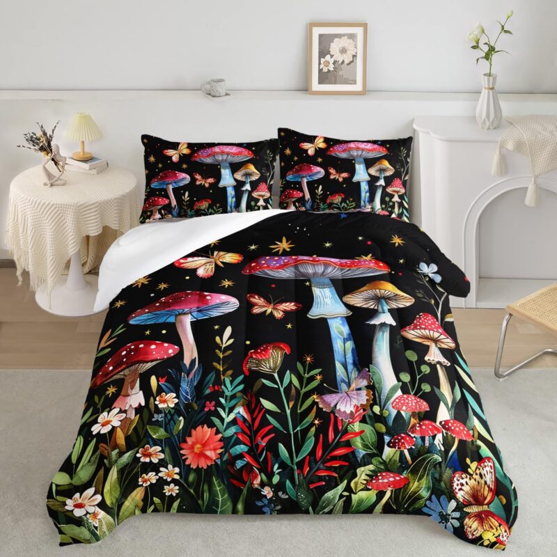 AILONEN Red Mushroom Comforter Set Full Size,Botanical Plant Fungus Butterfly Cartoon Mushroom Bedding Set 3 Pieces for Kids Boys Girls Adults,1 Comforter with 2 Pillowcases