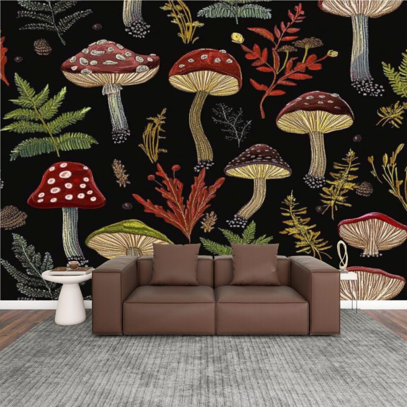 Wallpaper Murals 3D Embroidery Mushrooms Seamless Pattern Dark Autumn Forest Gothic Tale Peel and Stick Removable Self-Adhesive PVC Wall Stickers for Living Room Boys Girls Bedroom 144"x100"