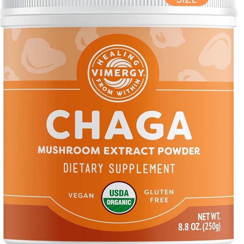 Vimergy USDA Organic Wild Chaga Mushroom Extract Powder, 166 Servings – Ideal in Chaga Tea, Coffee, Smoothies – Cardiovascular Support - Kosher, Vegan, No Gluten, Paleo - Pure Chaga, No Fillers (250g)