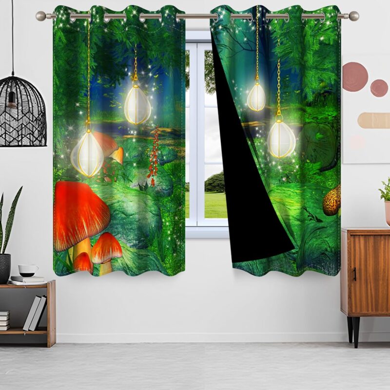 Mushroom Blackout Curtains for Living Room Bedroom Enchanted Forest with Mushrooms and Fairy Lanterns Room Darkening Window Drapes with Grommet,2 Panels,Each W42 xL85