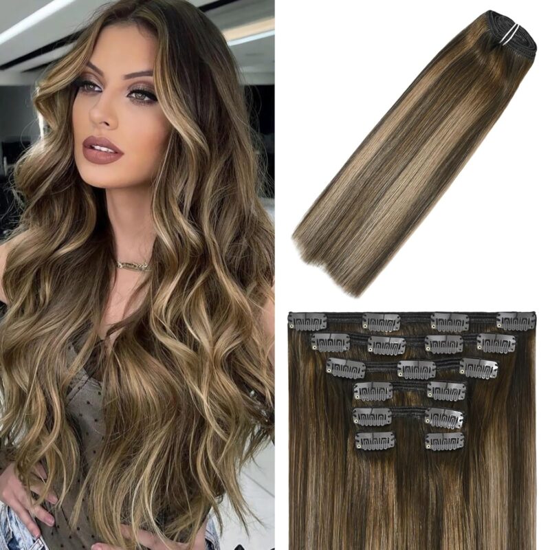 WindTouch Clip in Hair Extensions Human Ombre Medium Brown to Caramel Blonde Balayage Clip in Hair Extensions Real Human Hair 14Inch 7Pcs 120g