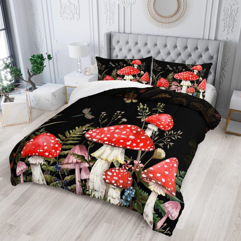 Red Mushroom Kawaii Comforter Set Queen Size Kids Mushroom Dragonfly Bedding Set Botanical Plant Theme Print Quilt Bed Set for Boys Girls Adults with 1 Comforter and 2 Pillowcases